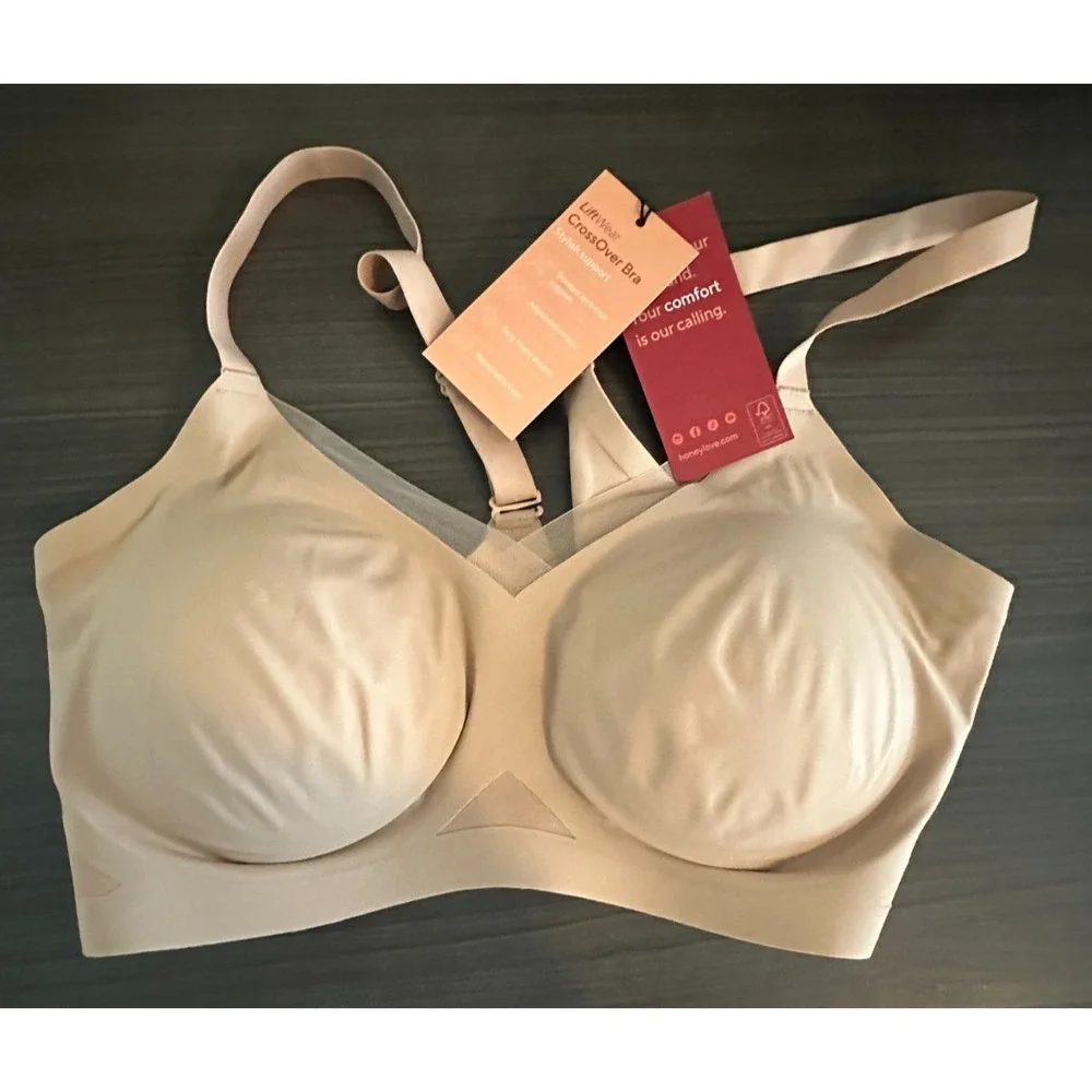 Honeylove LiftWear CrossOver Bra 2X Nude Wireless Support Removable Cup LWBR0301
